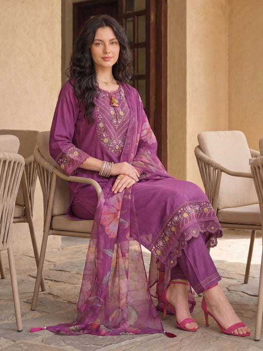 Purple Embroidered Cotton Blend A-Line Kurta Sets With Dupatta