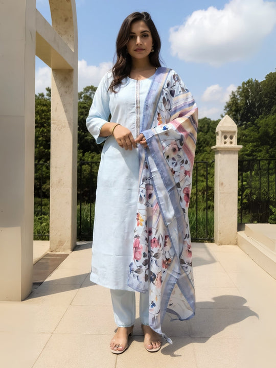 Blue Self Design Cotton Blend Straight Suit Sets With Dupatta