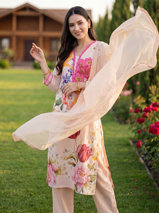 Beige Printed Linen Straight Kurta Sets With Dupatta