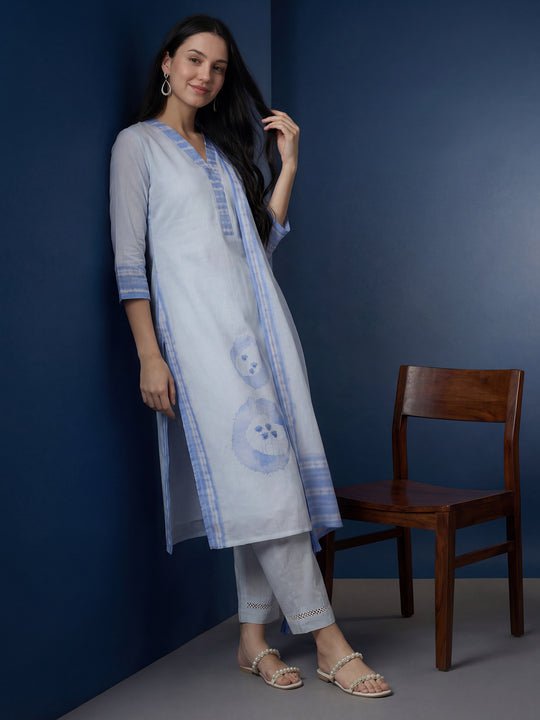 Blue Printed Linen Straight Kurta Sets With Dupatta