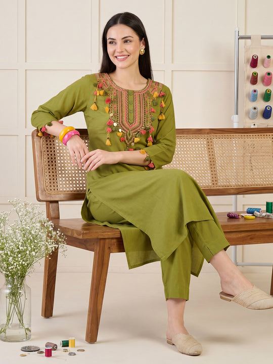 Green Embroidered Pure Cotton Straight Kurta Trouser Set