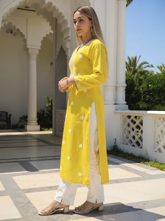 Indo Era Yellow Embroidered Straight Kurtas