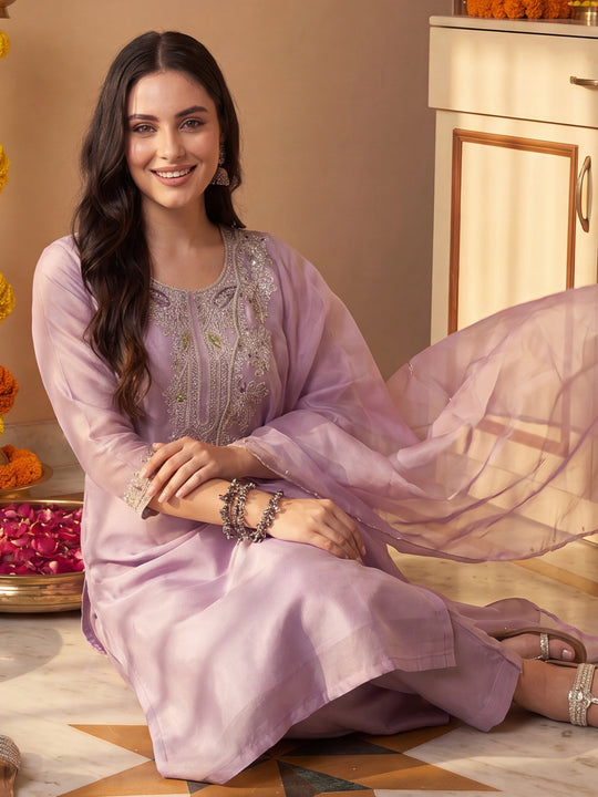 Lavender Embroidered Liva Straight Suit Sets With Dupatta