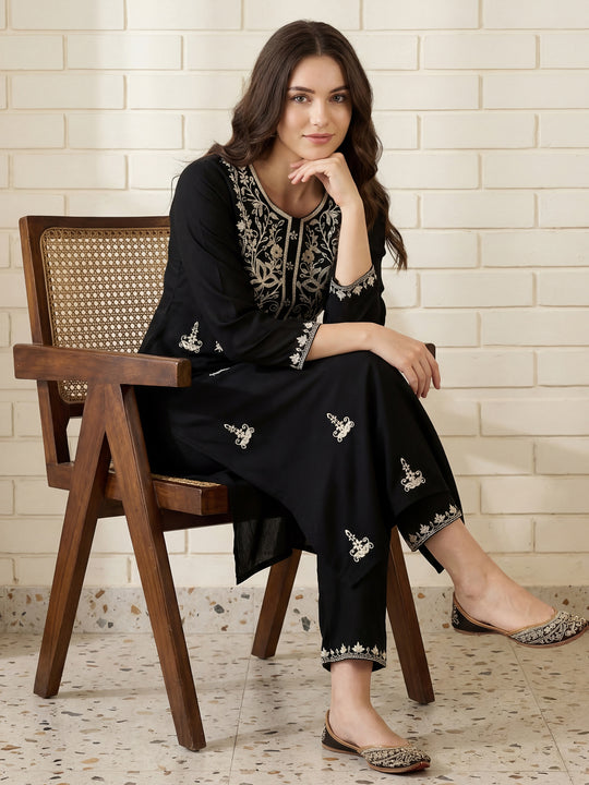 Indo Era Black Embroidered Straight Kurta Trousers Set