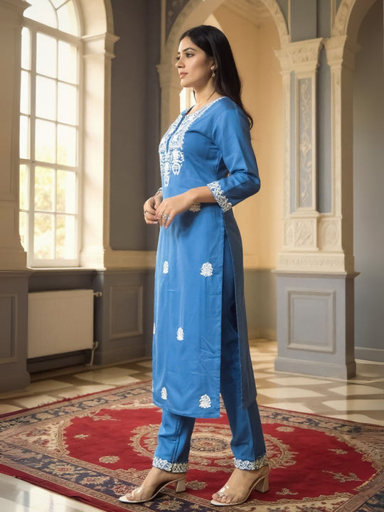 Blue Embroidered Viscose Rayon Straight Kurta Trousers Set