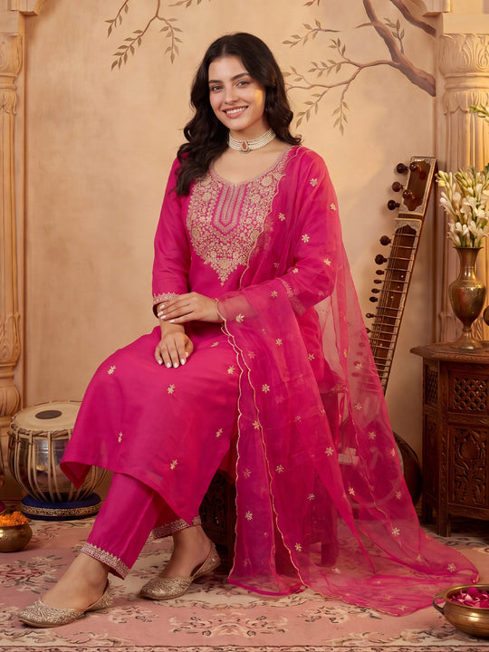 Pink Embroidered Straight Silk Blend Kurta Sets With Dupatta