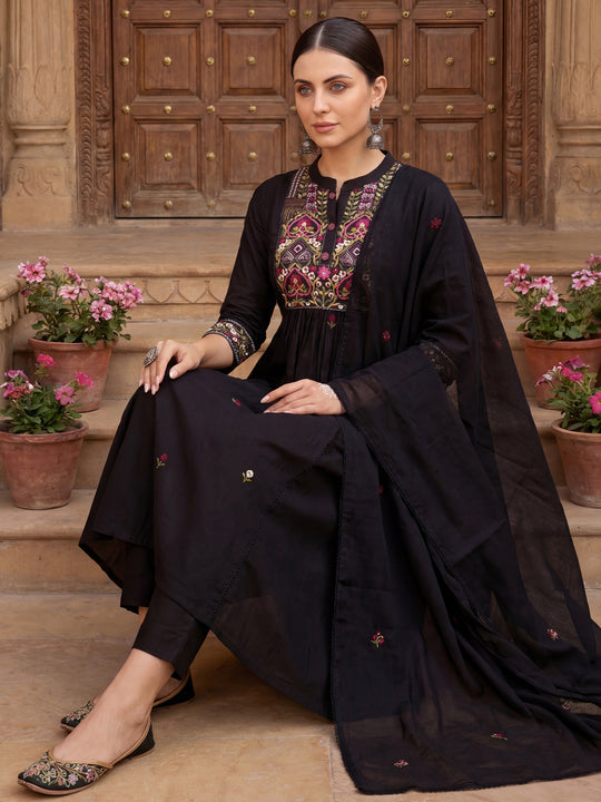 Black Embroidered Pure Cotton A-Line Kurta Sets With Dupatta