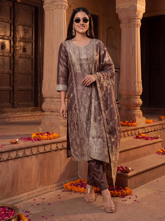 Burgundy Woven Design Silk Blend Straight Kurta Sets With Dupatta