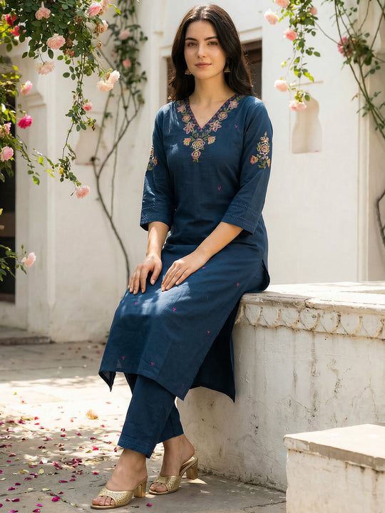 Indo Era Teal Embroidered Straight Kurta Trousers Set