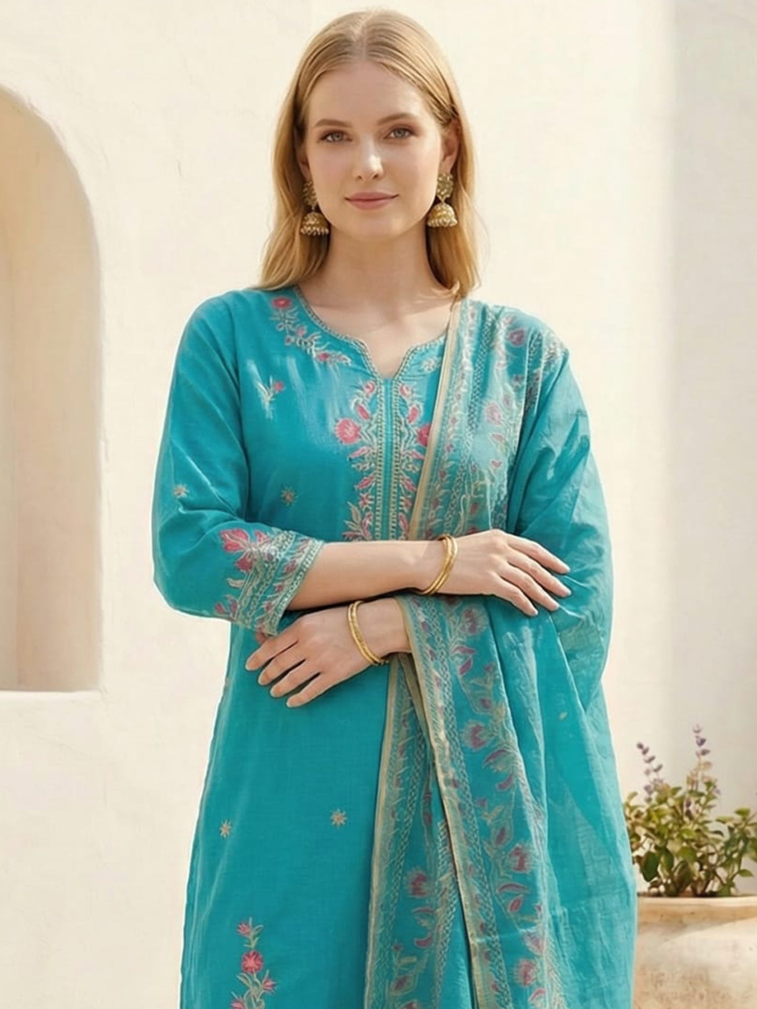 Indo Era Blue Embroidered Straight Kurta Trousers With Dupatta Set