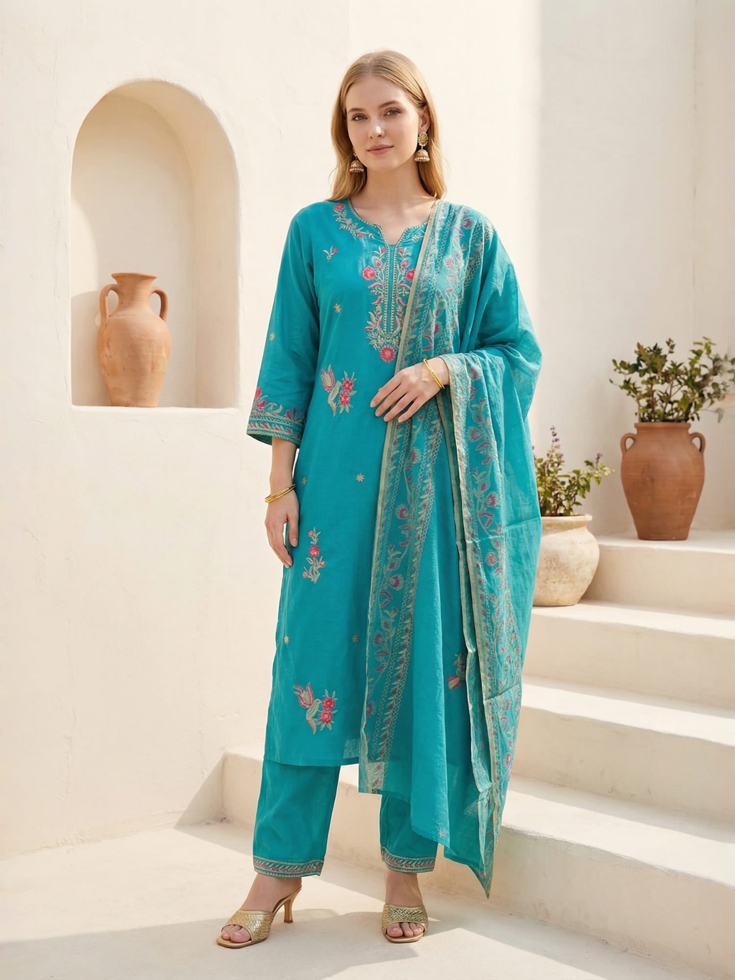 Indo Era Blue Embroidered Straight Kurta Trousers With Dupatta Set