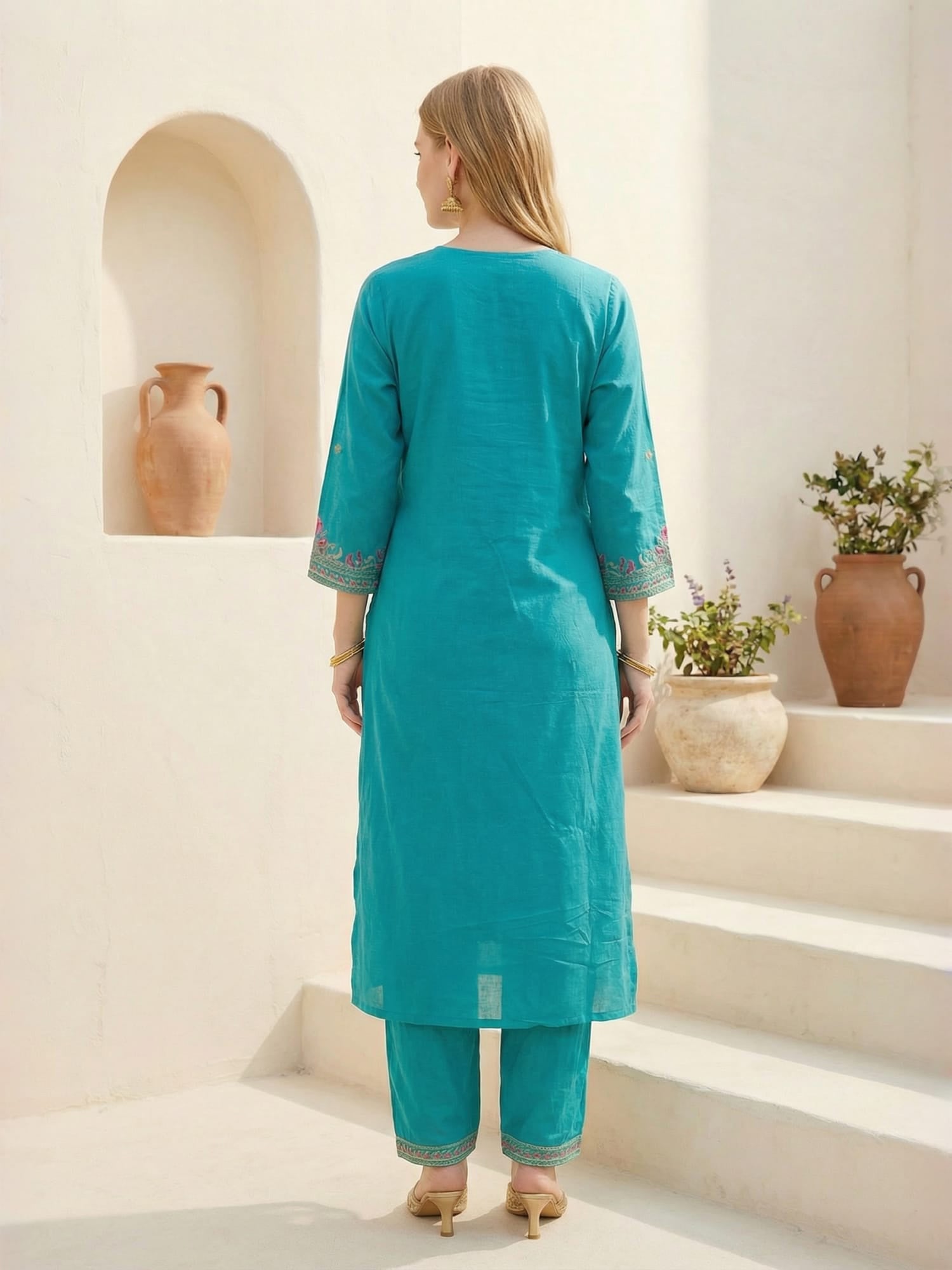 Indo Era Blue Embroidered Straight Kurta Trousers With Dupatta Set