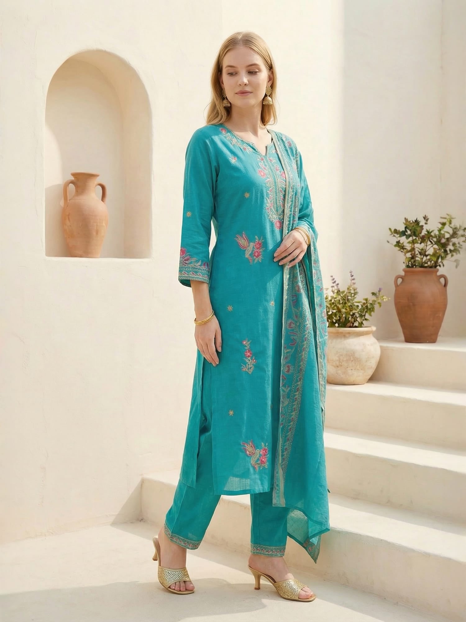 Indo Era Blue Embroidered Straight Kurta Trousers With Dupatta Set