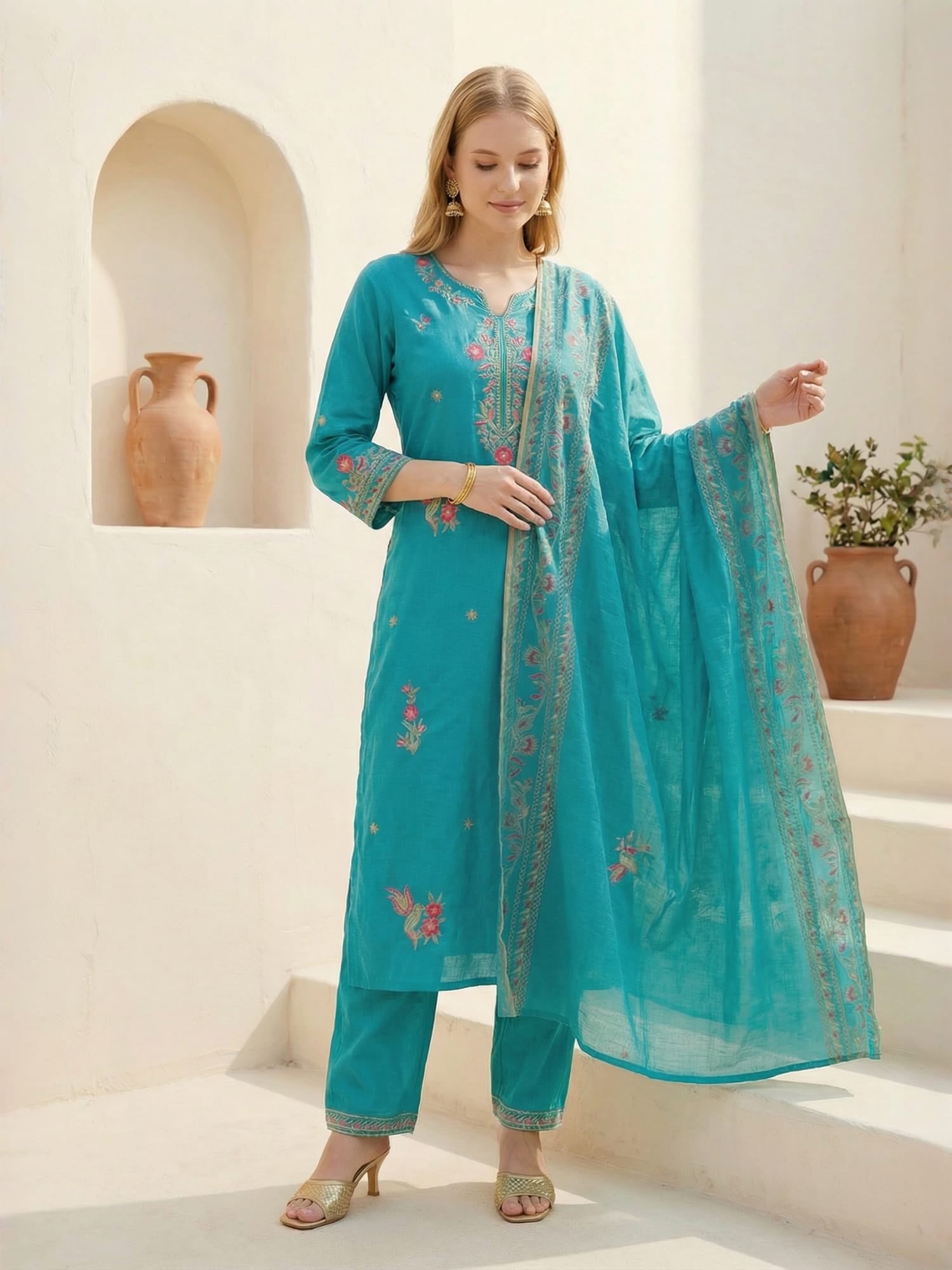 Indo Era Blue Embroidered Straight Kurta Trousers With Dupatta Set