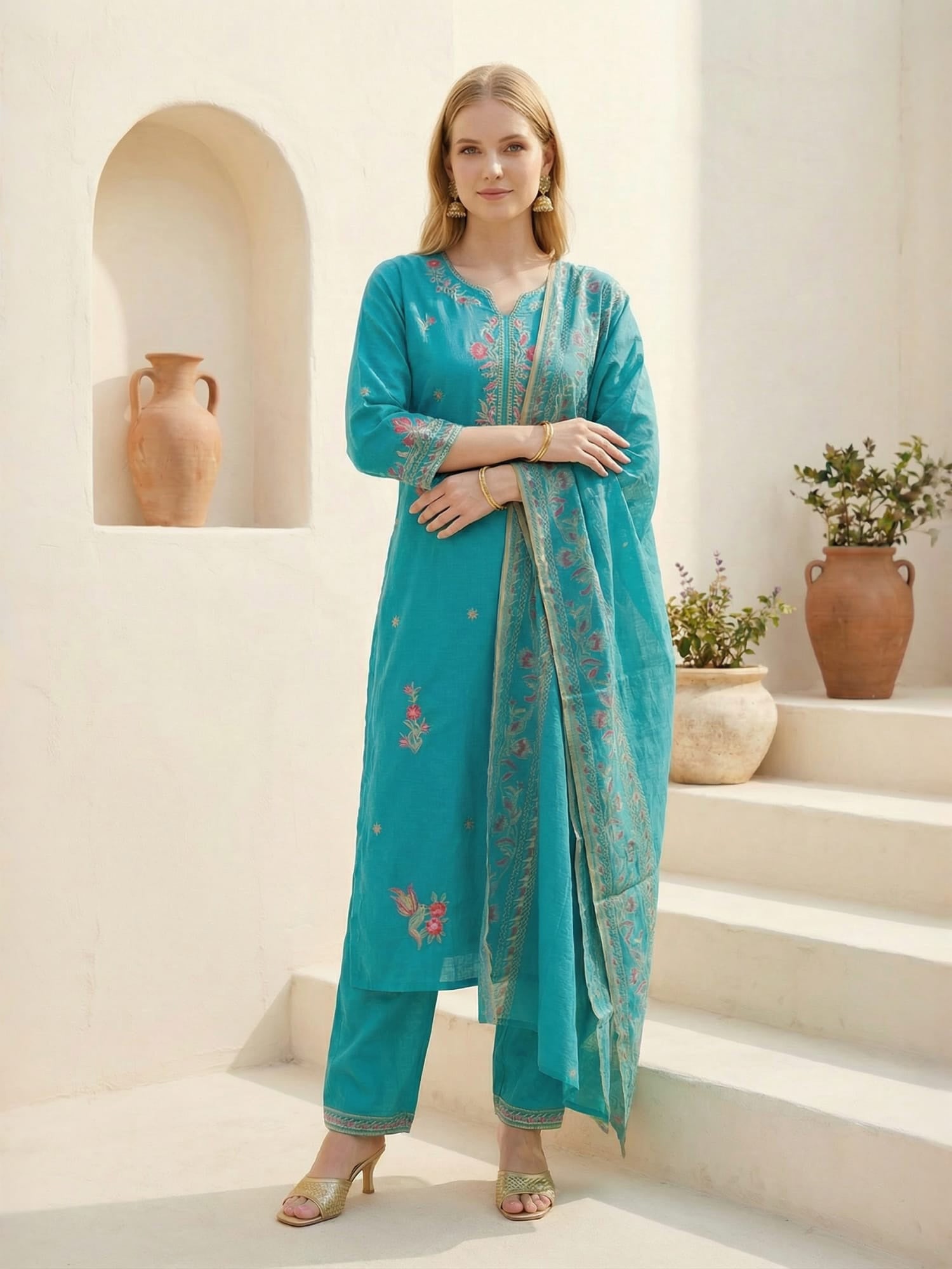 Indo Era Blue Embroidered Straight Kurta Trousers With Dupatta Set