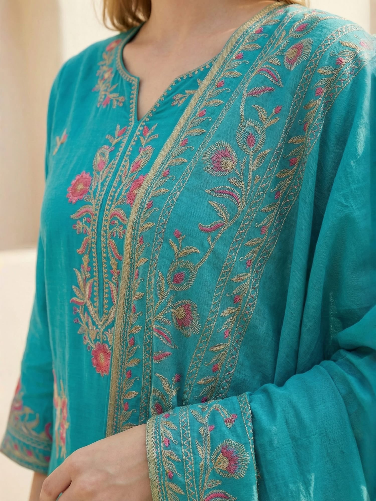 Indo Era Blue Embroidered Straight Kurta Trousers With Dupatta Set