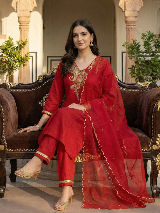 Red Embroidered Straight Liva Kurta Sets With Dupatta