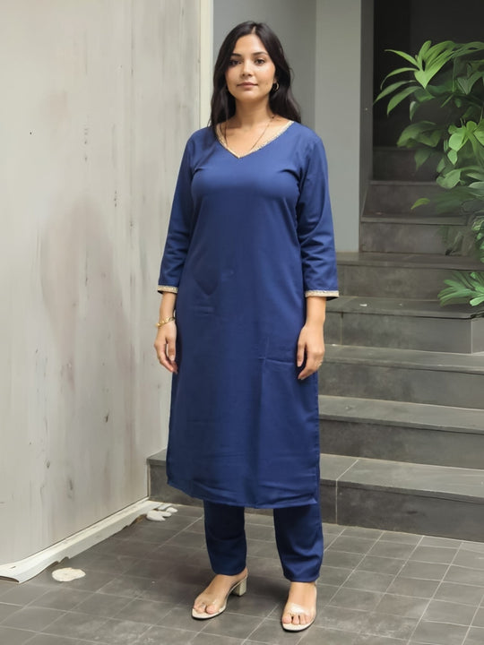 Navy Blue Solid Cotton Blend Straight V-Neck Kurta Trouser Set