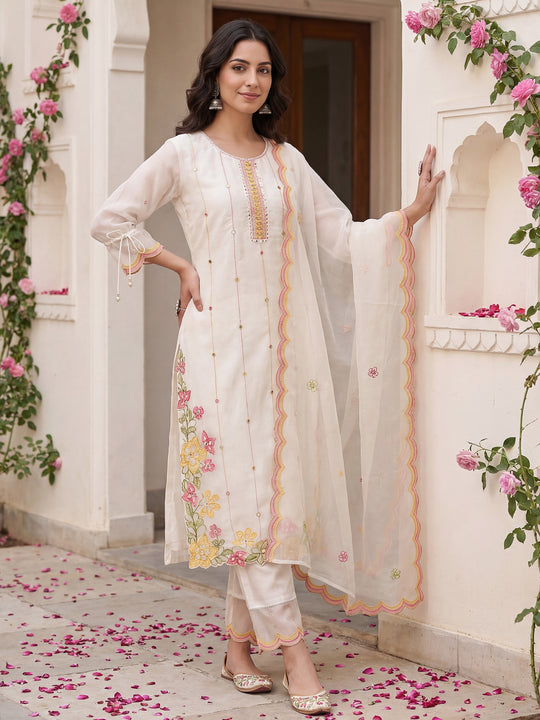 Women White Embroidered Organza Straight Kurta Trouser With Dupatta