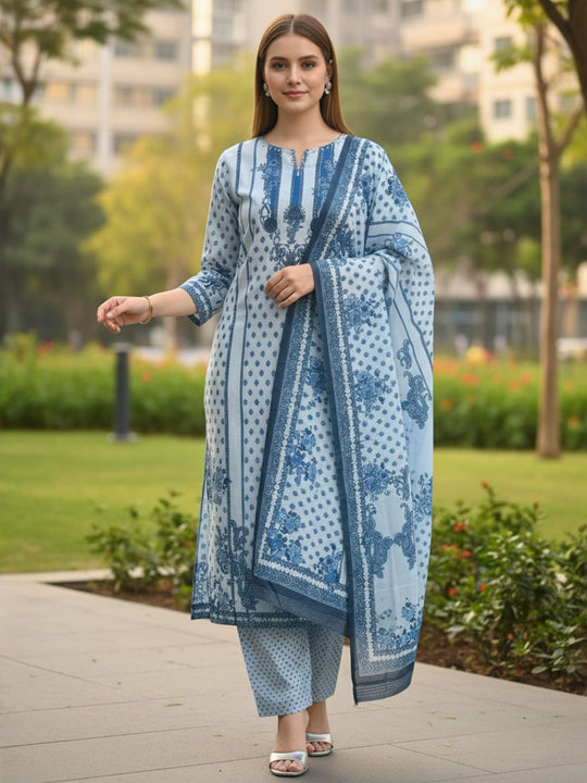 Indo Era Blue Printed Straight Kurta Trousers With Dupatta Set