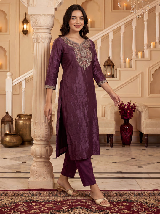 Burgundy Embroidered Straight Silk Blend Kurta Sets