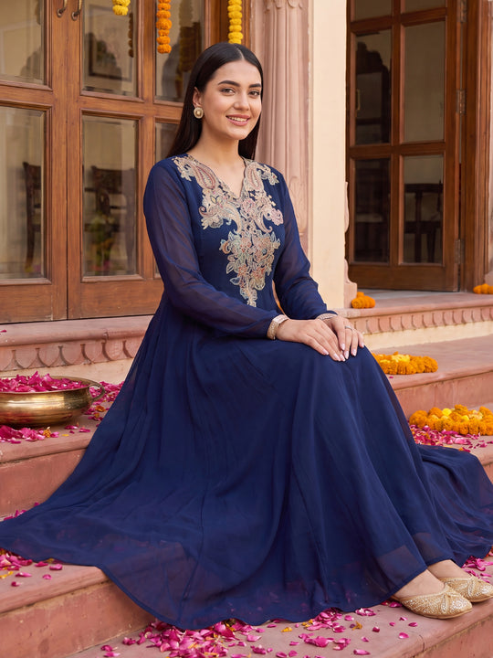 Blue Embroidered Georgette Anarkali Kurta Trouser Set