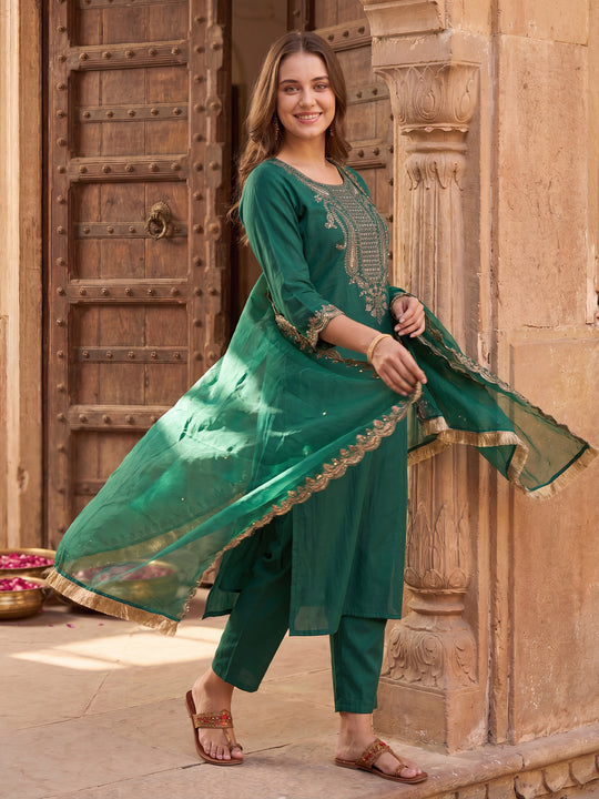 Green Embroidered Liva Straight Suit Sets With Dupatta