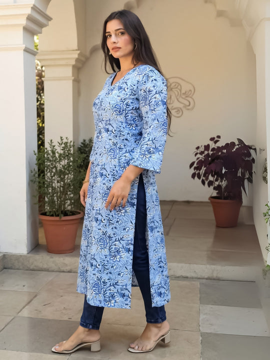 Blue Printed Cotton Floral Straight Kurtas