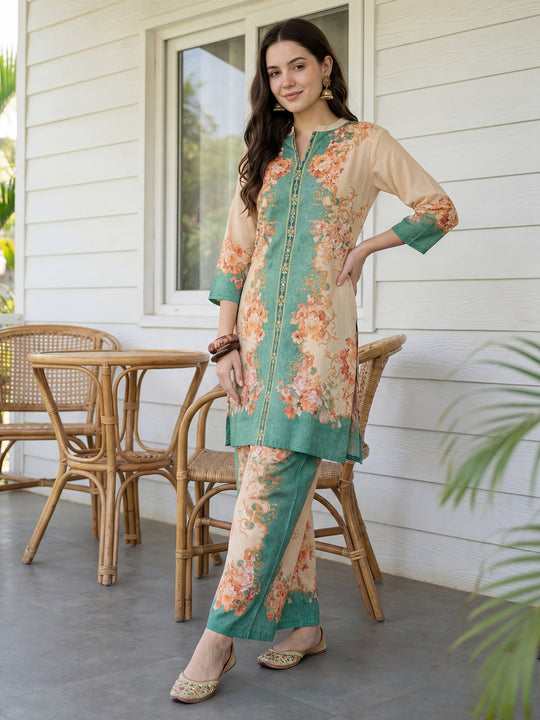 Cream Printed Cotton Blend Straight Kurta Palazzo Set