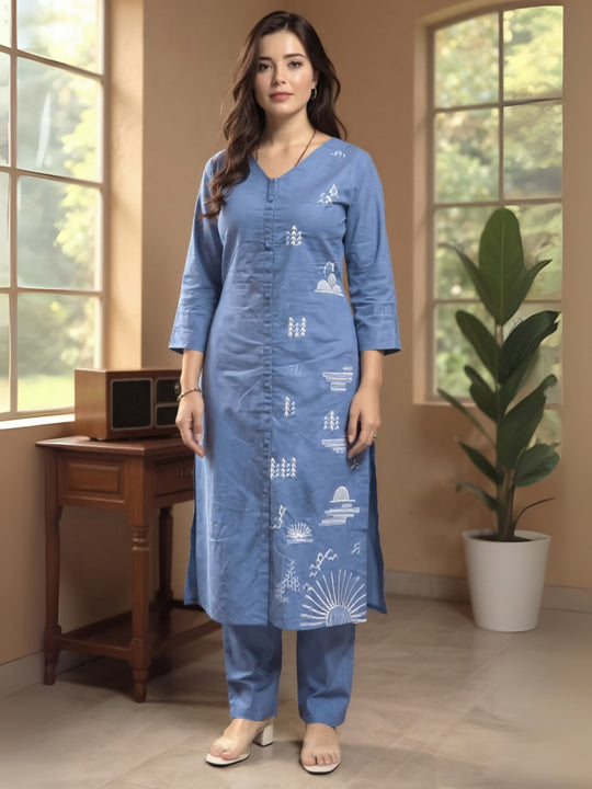 Grey Embroidered Pure Cotton Straight Kurta Trousers Set