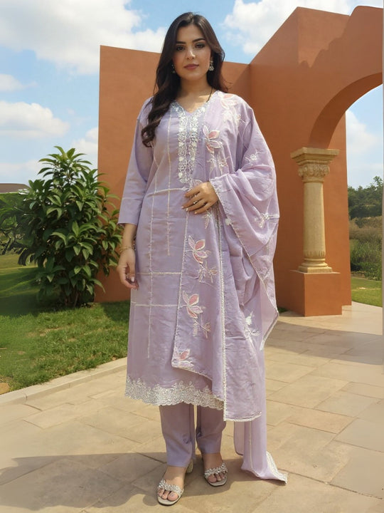 Lavender Embroidered Pure Cotton Straight Suit Sets With Dupatta