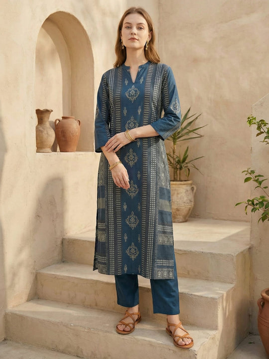 Indo Era Blue Printed A-Line Kurta Trouser Set