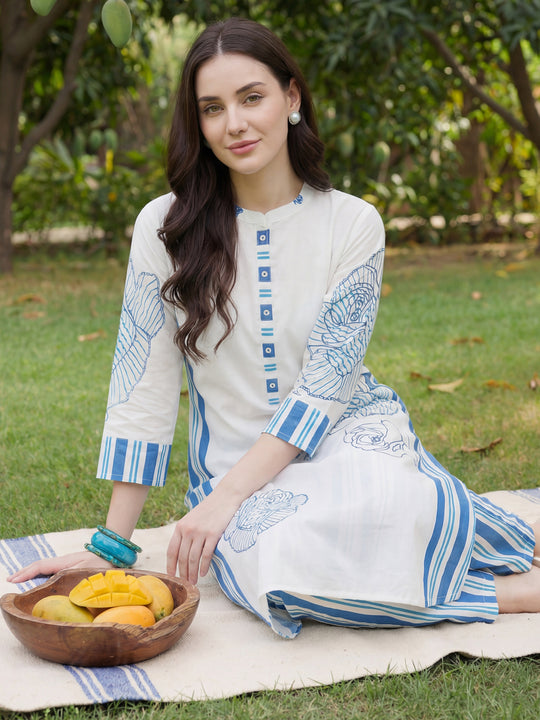 White Printed Pure Cotton A-Line Suit Sets With Dupatta