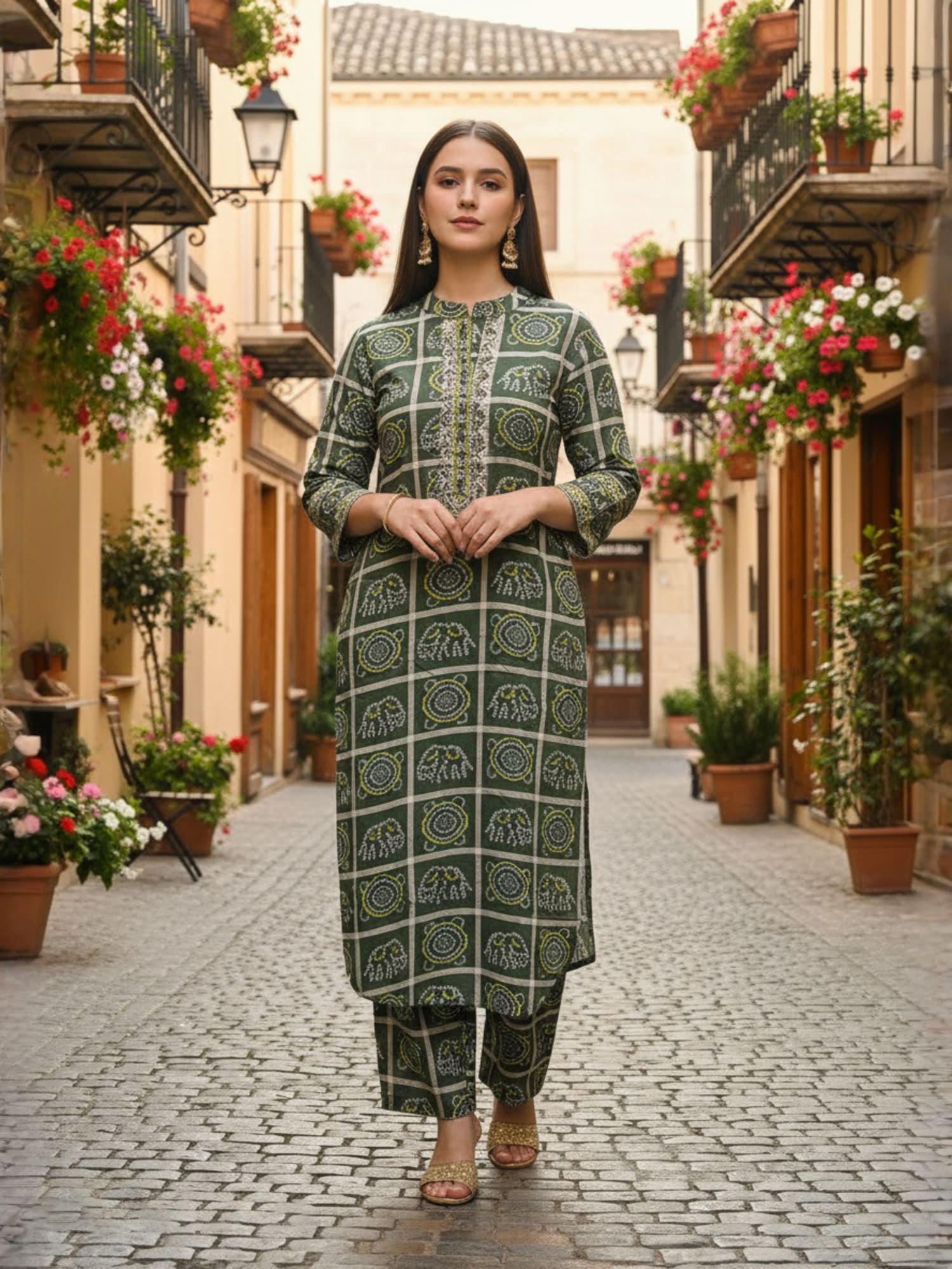 Indo Era Green Printed Straight Kurta Trousers Set
