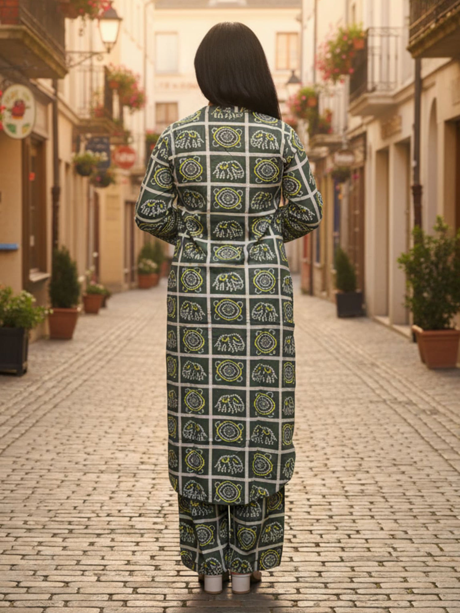 Indo Era Green Printed Straight Kurta Trousers Set