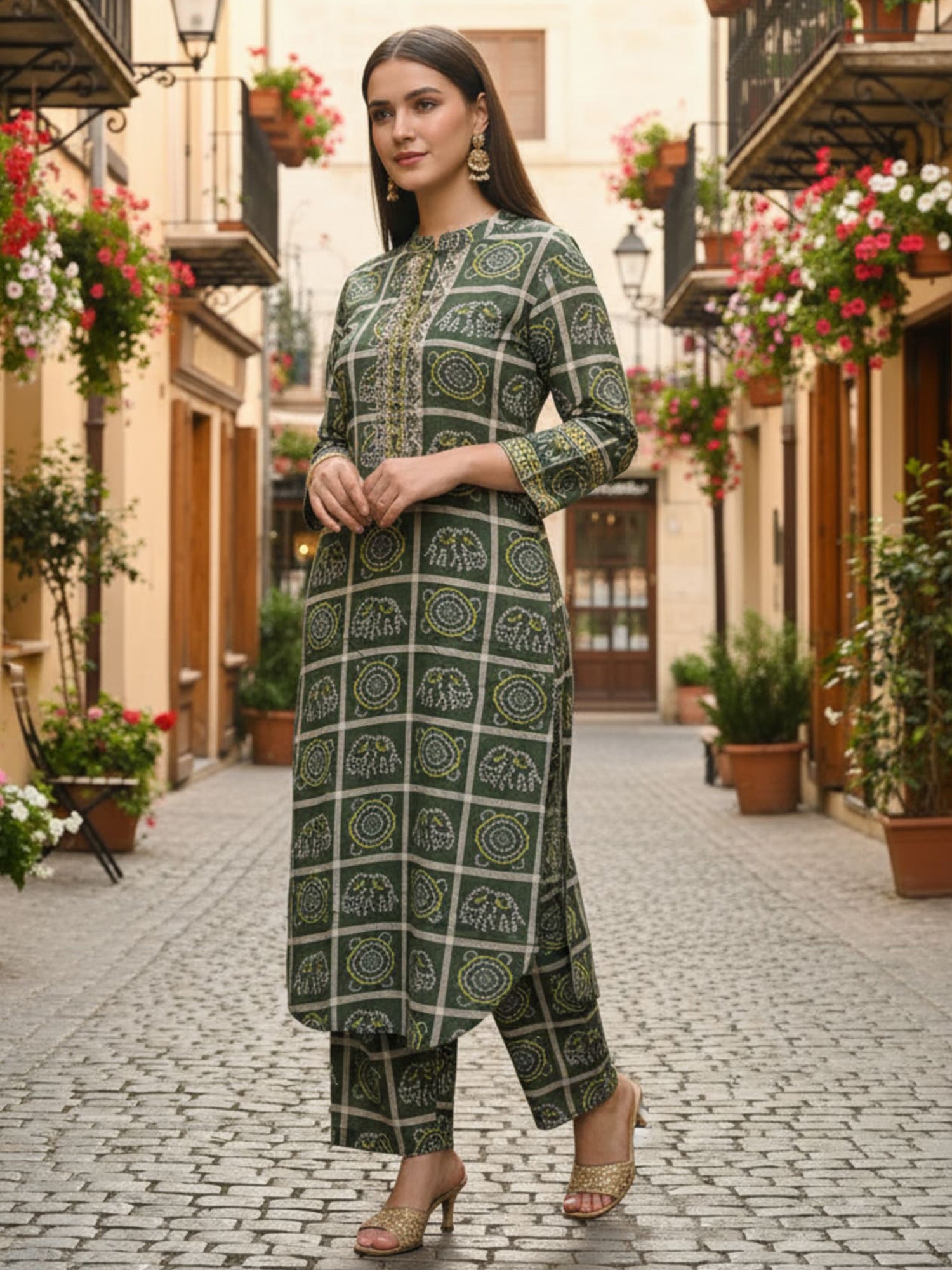 Indo Era Green Printed Straight Kurta Trousers Set