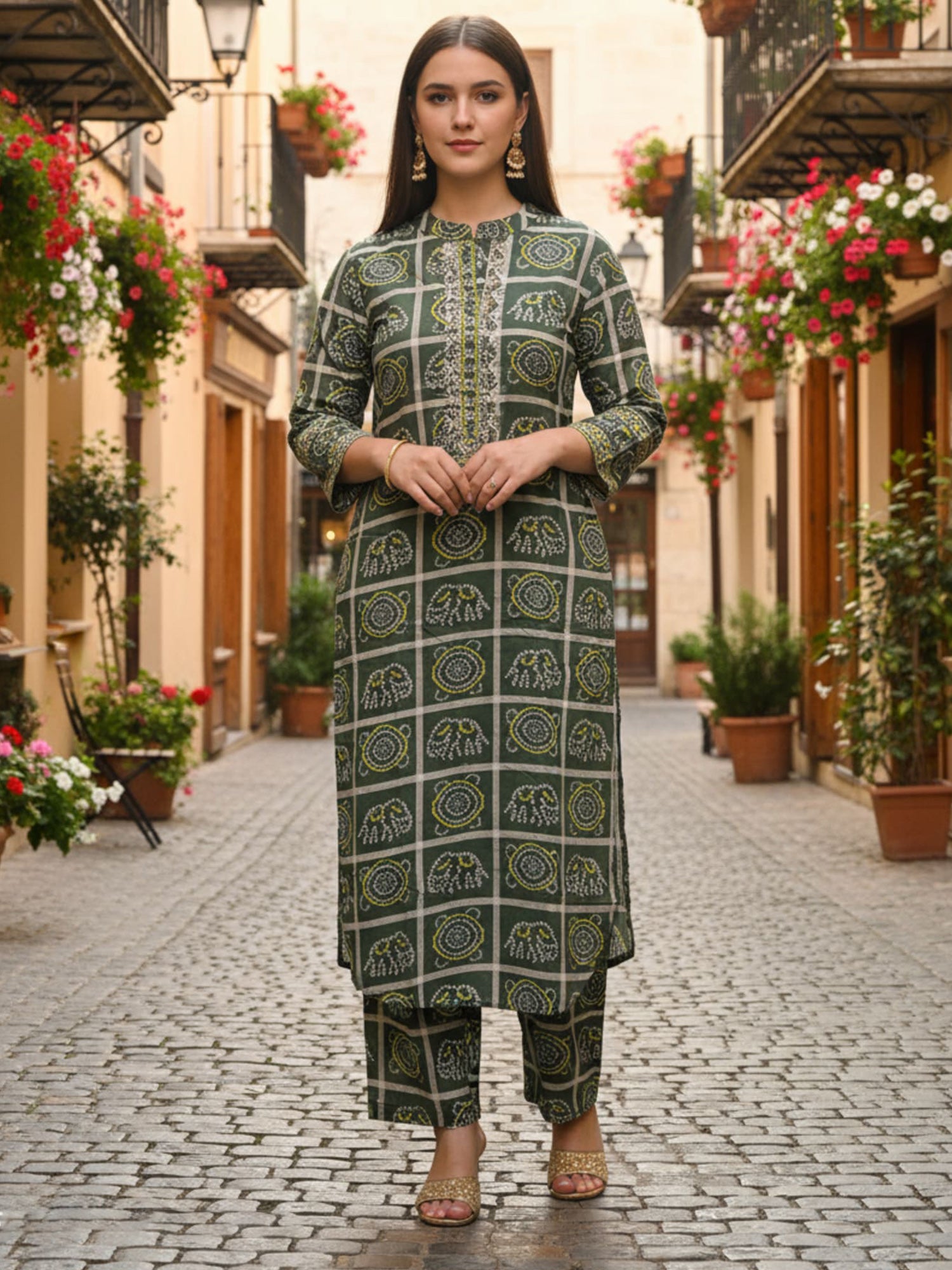 Indo Era Green Printed Straight Kurta Trousers Set