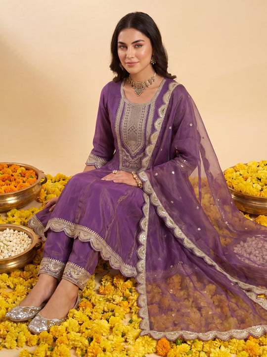 Purple Embroidered Silk Blend A-Line Kurta Sets With Dupatta