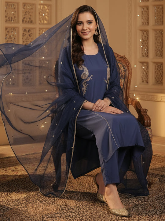 Blue Embroidered Silk Blend Straight Suit Sets With Dupatta