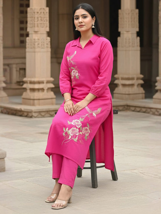 Pink Embroidered Pure Cotton Straight Kurta Trousers Set