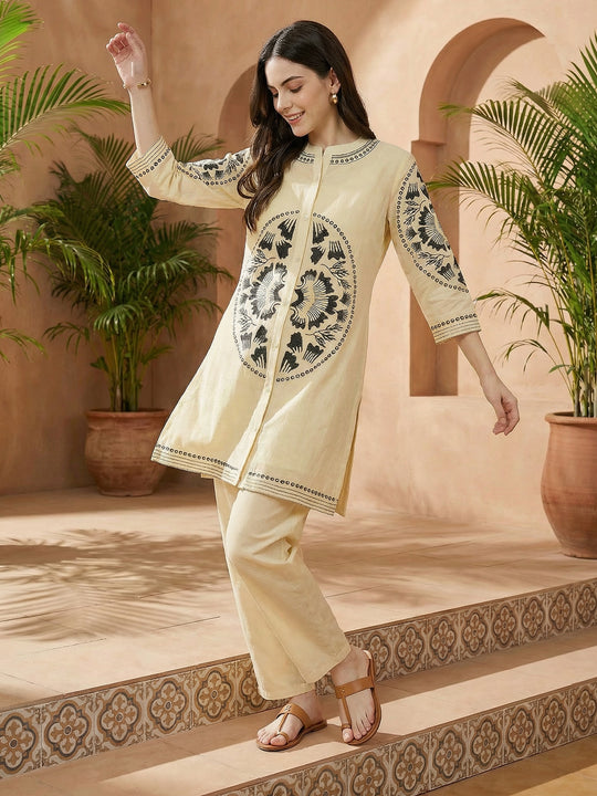 Off White Embroidered Pure Cotton Straight Kurta Palazzo Set