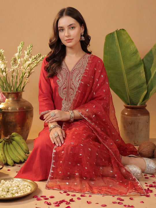 Red Embroidered Liva Straight Suit Sets With Dupatta