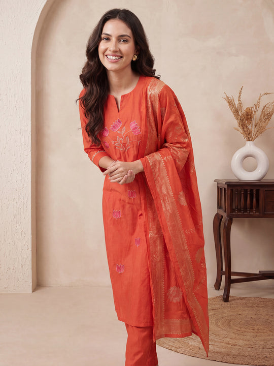 Rust Embroidered Silk Blend A-Line Suit Sets With Dupatta