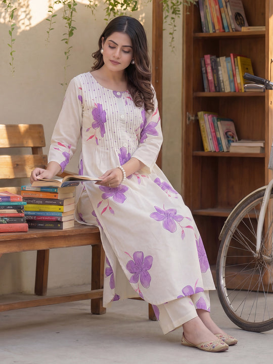 Off White Printed Pure Cotton A-Line Kurta Palazzo Set