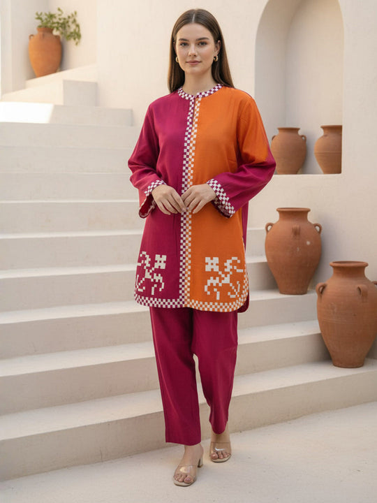 Indo Era Pink Colourblocked Straight Kurta Trousers set