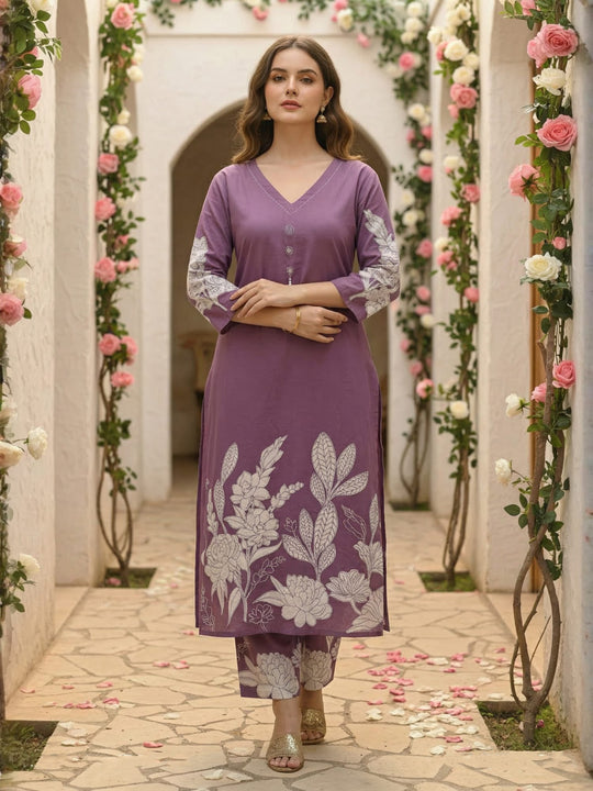 Indo Era Mauve Printed Straight Kurta Trouser Set