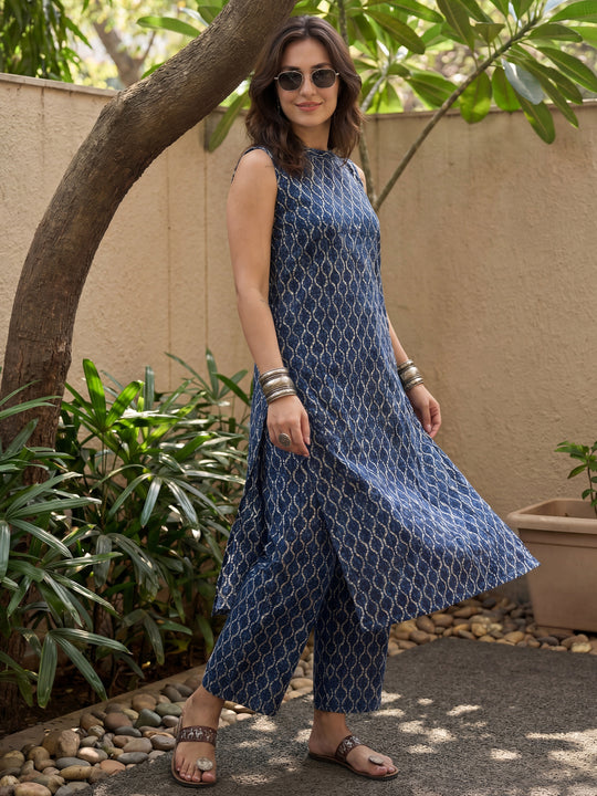 Blue Printed Pure Cotton A-Line Kurta Palazzo Set