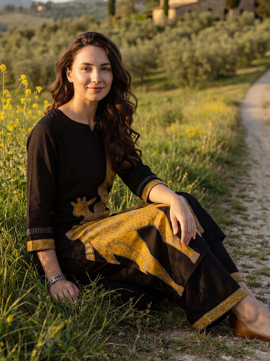 Indo Era Black Printed A-Line Kurta Palazzos Set