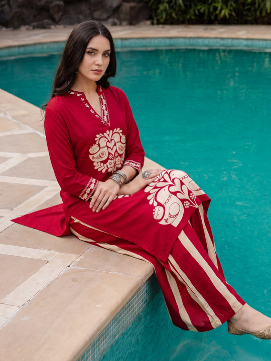 Maroon Printed Viscose Rayon Straight Kurta Palazzo Set