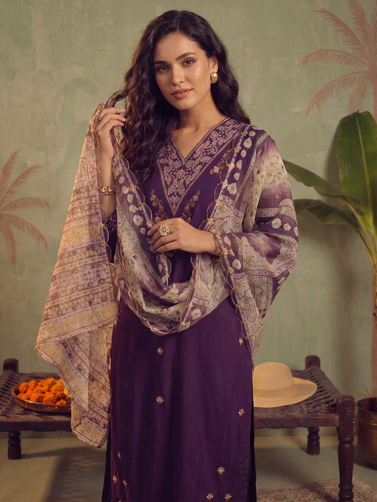 Purple Embroidered Viscose Rayon Straight Kurta Palazzos With Dupatta